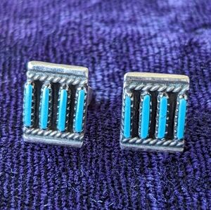 Vintage 925 Sterling Silver Zuni Needlepoint Earrings With Blue Turquoise
